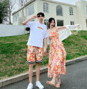 カップル 海旅行 衣装 ペアルック 夏服 アロハ 花柄衣装 半袖Tシャツ 半ズボン ロング丈 キャミソール 花柄 ビーチドレス 日よけ ボレロ 紫外線対策 羽織 海旅行 新婚旅行 撮影衣装 ペアルック 衣装