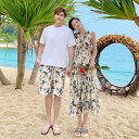 ペアルック 夏服 海旅行 衣装 カップル アロハ 花柄衣装 半袖Tシャツ 半ズボン 花柄 Vネックドレス ロング丈 ビーチドレス バックレス レースアップ ドレス 海旅行 新婚旅行 撮影衣装 ペアルック 衣装