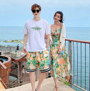 カップル 海旅行 衣装 ペアルック 夏服 アロハ 花柄衣装 半袖Tシャツ 半ズボン ロング丈 キャミソール 花柄 ビーチドレス 日よけ ボレロ 紫外線対策 羽織 海旅行 新婚旅行 撮影衣装 ペアルック 衣装