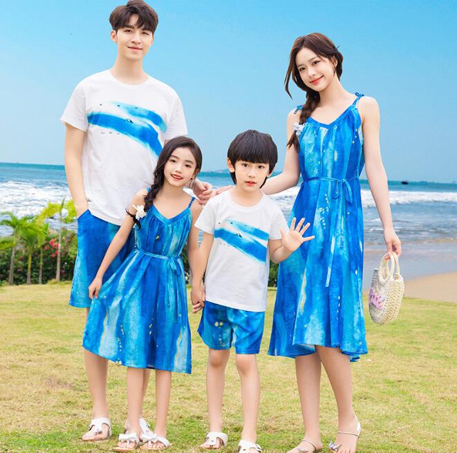 新作 親子ペア衣装 海旅行衣装 夏服 袖なし ビーチドレス 膝丈 キャミソール ペアルック カップル衣装 親子コーデ 家族お揃い Tシャツ＋半ズボン 家族活動 ママ パパ 息子 娘 お揃い衣装
