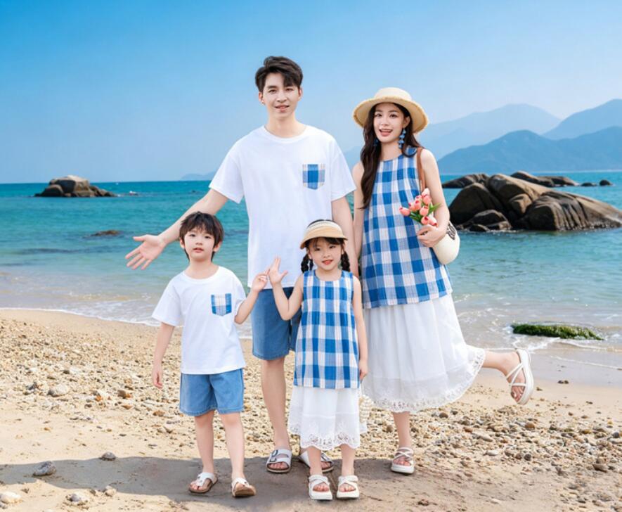 Rakuten - 親子ペア 夏服 カップル 家族お揃い 撮影衣装 田舎風 森系 親子コーデ衣装 Tシャツ＋デニムパンツ チェック柄 タンクトップ 白 ワイドパンツ スカート 家族 海旅行 新婚旅行 ビーチ衣装 家族活動 親子コーデ プレゼント ママ パパ 息子 娘