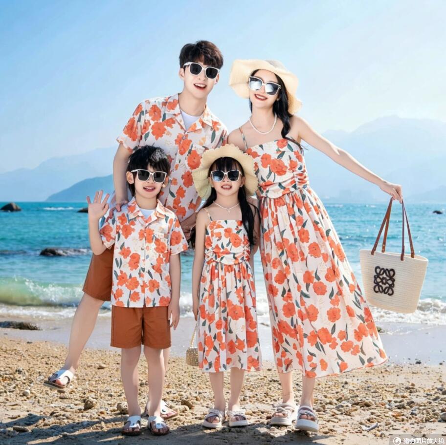 親子ペア夏服海旅行衣装アロハシャツ...