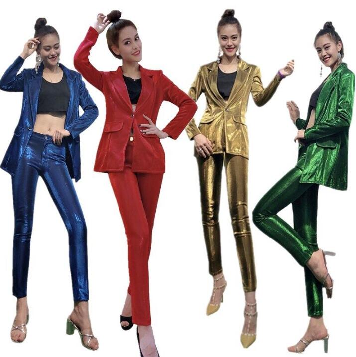 スパングルスーツ ダンス衣装 レディース 舞台衣装 DS 光沢有りスーツ ジャズダンス ヒップホップダンス パンタロン サルエルパンツ ジャケット ダンスパンツ スパングル 4色