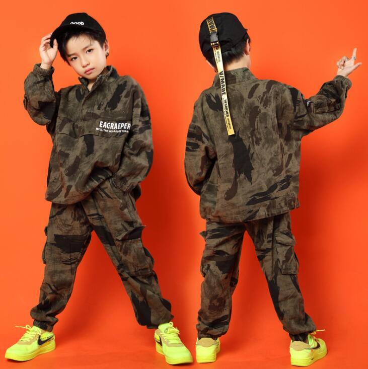 キッズダンス衣装 ジャズダンス ヒップホップ 子供服 男の子 女の子 ダンス衣装 上下セット 迷彩柄 コート ジャケット サルエルパンツ カーゴパンツ かっこい...