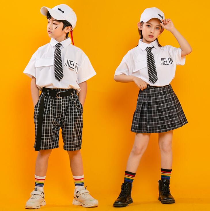 ダンス衣装 子供 ジャズダンス ヒップホップ キッズ演出服 女の子 スカートセット 男の子 パンツセット チェック柄 プリーツスカート 半ズボン 半袖白シャツ 学生服 通園通学 ステージ衣装 ネクタイおまけ