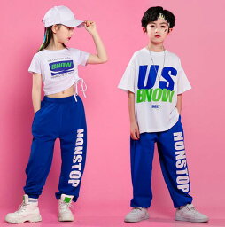 男女お揃い ダンス衣装 キッズ ダンス 衣装 ジャズ ヒップホップ 半袖Tシャツ へそ出しTシャツ サルエルパンツ チアガール 体育祭 ステージ衣装 ダンスウェア 大きいサイズ ブルー