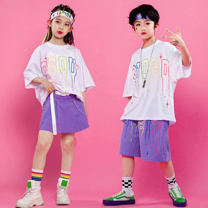 キッズ ダンス 衣装 韓国風 ジャズ ヒップホップ 舞台演出服 子供服 女の子 スカートセット 男の子 パンツセット 半袖Tシャツ 白Tシャツ 半ズボン チアガール 学生 ステージ衣装 ベルト付き