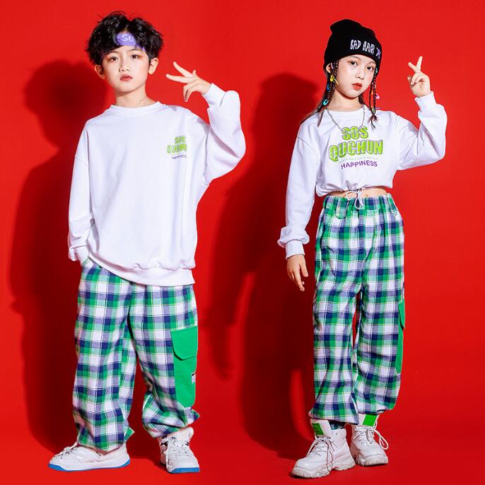 キッズダンス衣裳 ジャズ ヒップホップ 子供 演出服 hiphop jazz チアガール かっこいい 個性 ステージ衣装 長袖Tシャツ へそ出しTシャツ チェック柄 サルエルパンツ カーゴパンツ おしゃれ