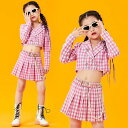 ピンクダンス衣装 女の子 ジャズダンス hiphop jazz チアガール 演出服 長袖シャツ チェック柄 フリルスカート プリーツスカート セット 個性 モデ...