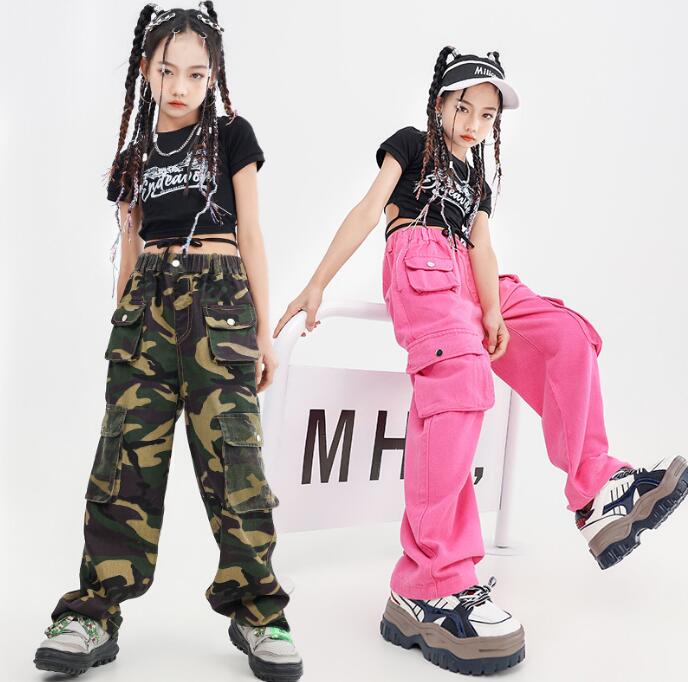 Short Sleeves - 女の子ダンス衣装 ジャズ ヒップホップ かっこいい演出服 カーゴパンツ 迷彩柄 ダンスパンツ 半袖へそ出しTシャツ カモフラージュ 舞台演出服 jazz hiphop 団服 ステージ衣装 110-180