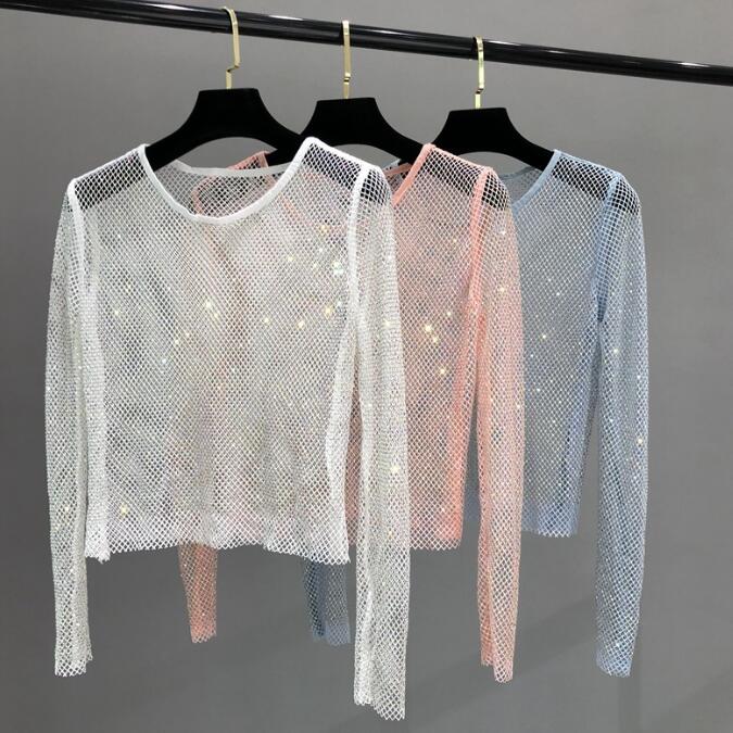 スパンコール Tシャツ レディース シースルー Tシャツ 女性 ダンス衣装 長袖 メッシュ Tシャツ スパンコール付き DS バー ジャズダンス 歌手 個性 キラキラ 演出服 おしゃれ