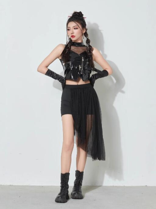 レディース ジャズダンス衣装 大人 女子高校生 ダンス衣装 ジャズ チアダンス 演出服 チュールスカート スカーパン メッシュ入り レザーベスト 袖なし jazz ダンス衣装 学園祭 発表会
