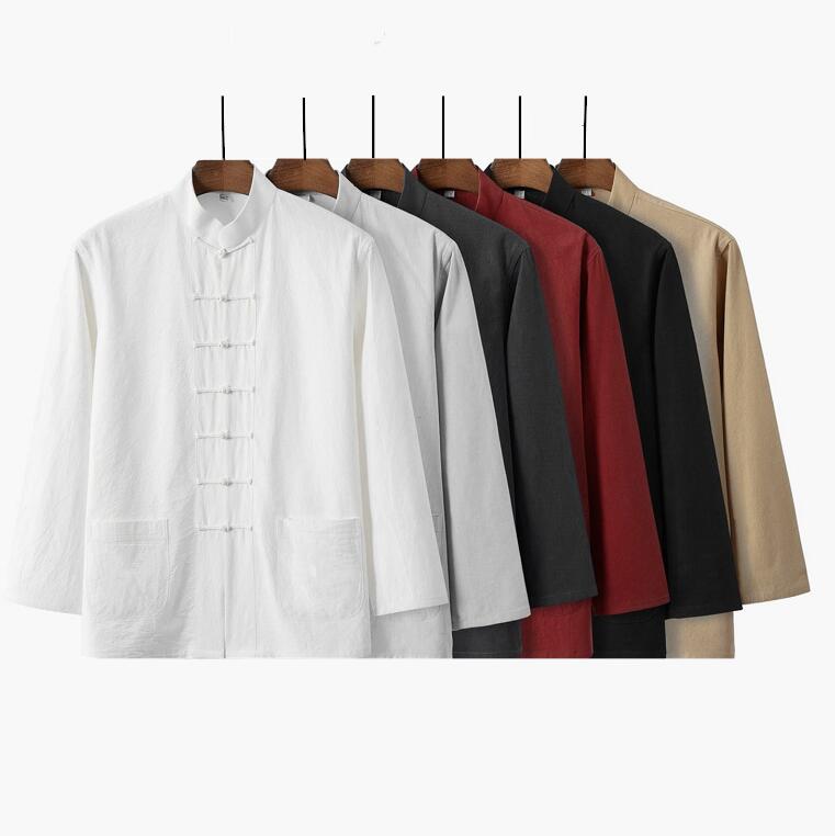 メンズ中華服 唐装 チャイナ服 太極拳衣装 中華風長袖トップス 武術 カンフーウェア 演出団体服 武術教室 綿麻コート 大きいサイズ M-4XL