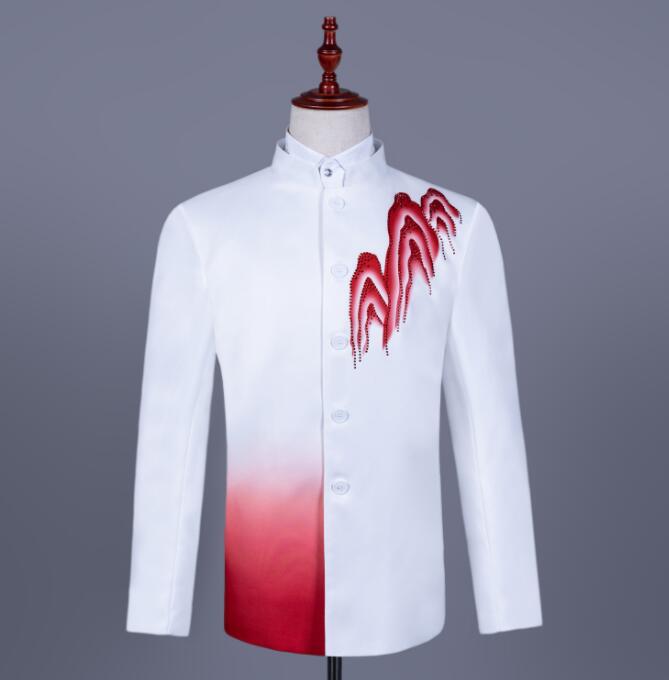 メンズスーツ 中山服 タキシード 中国民国風 スーツ 水墨画のスパンコール付き 配色 舞台演出スーツ 男性 合唱スーツ演出服 ジャケット歌手 カラオケ 魔術師 ステージ スーツ ホワイト M-4XL