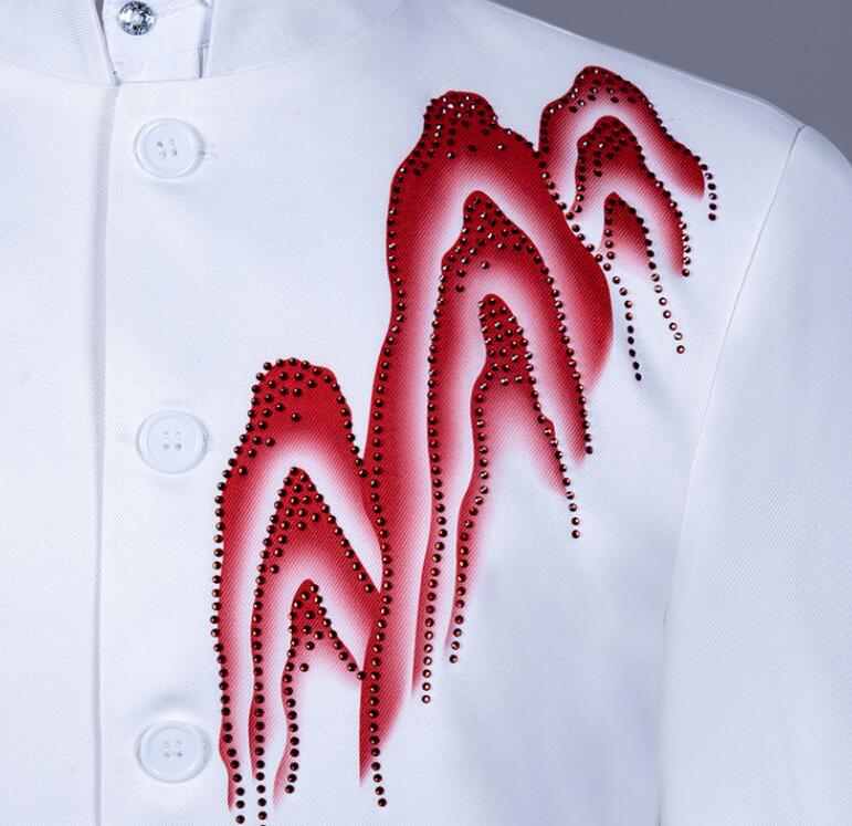 メンズスーツ 中山服 タキシード 中国民国風 スーツ 水墨画のスパンコール付き 配色 舞台演出スーツ 男性 合唱スーツ演出服 ジャケット歌手 カラオケ 魔術師 ステージ スーツ ホワイト M-4XL