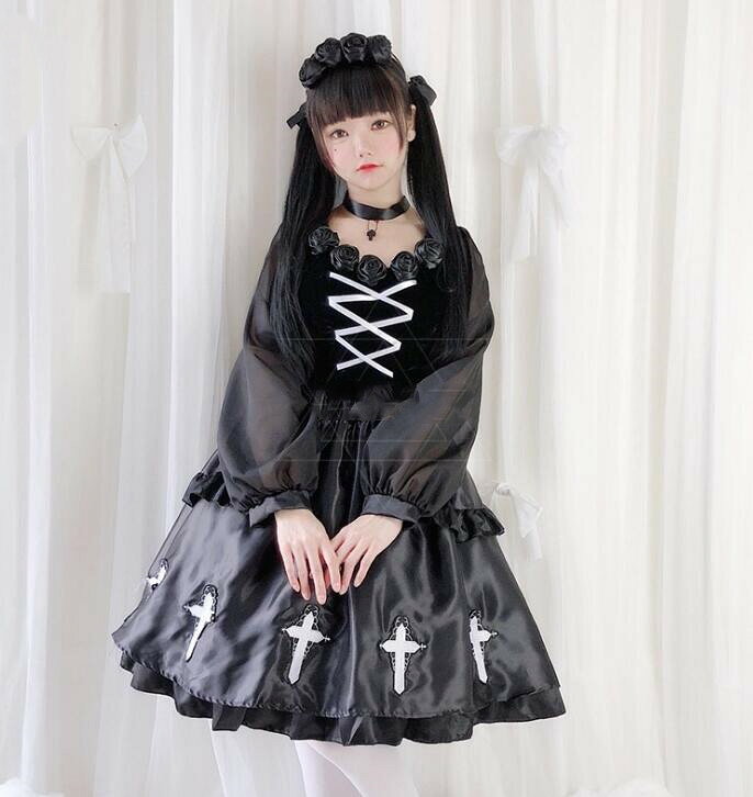 ゴスロリ 暗黒風 ハロウィン衣装 吸血鬼 悪魔 幽霊 ゴースト 妖精 ハロウィン 女性 コスプレ衣装 魔女 膝丈 ドレス 変身 仮装 Halloween party 学園祭 文化祭 イベント コスチューム 黒