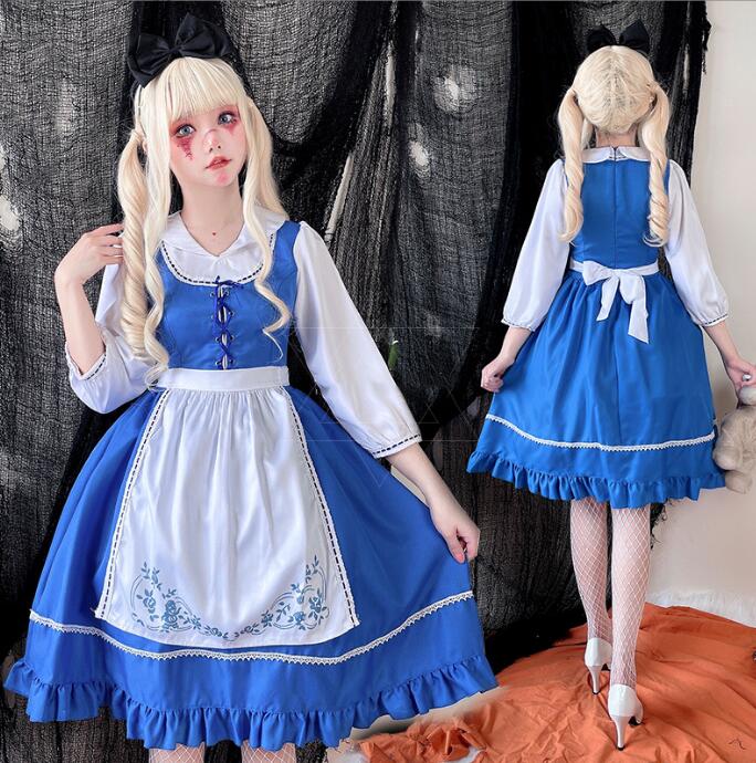 レディース メイド服 女性 大人 ハロウィン コスプレ衣装 ハロウィン 仮装 コスチューム Halloween お化け ドレス+エプロン+髪飾り ブルー