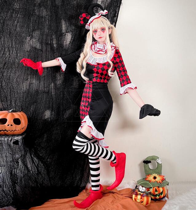ピエロ ハロウィン コスプレ衣装 チェック柄 女性 大人 ピエロ仮装 魔女 吸血鬼 セクシー コスプレ衣装 バー演出服 Halloween ドレス＋首飾＋髪飾り＋グローブ a-s-k-10005305 a・s・k store サンプル画像2