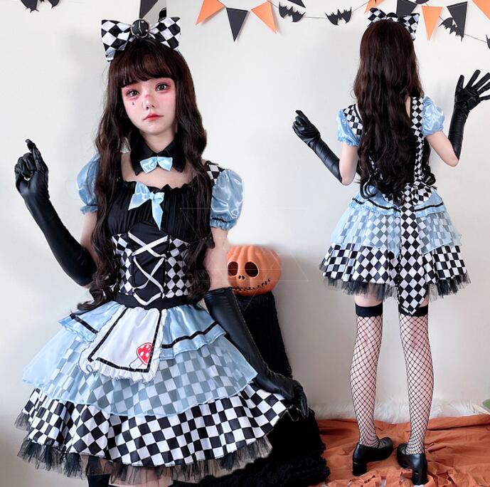 レディース ハロウィン コスプレ衣装 メイド服 チェック柄 ロリータ服 魔女 吸血鬼 セクシー コスプレ衣装 バー演出服 Halloween 半袖ドレス メイドコスプレ ブルー 4点セット