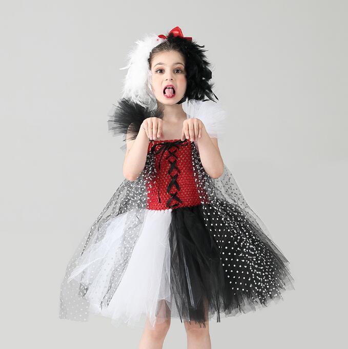 子供 コスプレ衣装 ハロウィン 魔女 仮装 膝丈ドレス 暗黒 コスチューム 女の子 チュールドレス ハロウィン 吸血鬼 魔女 妖精 髑髏 コスプレ衣装 黒白スプライス Halloween ドレス＋髪飾り