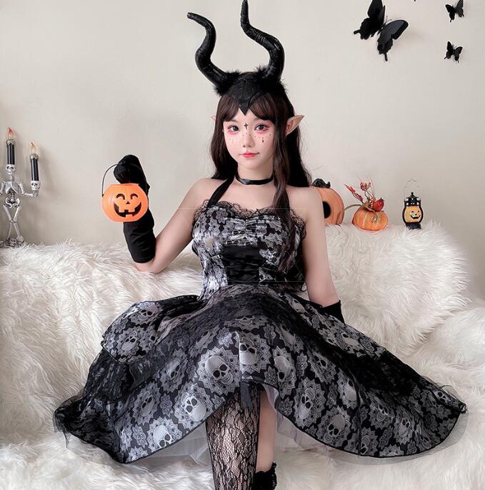 女性 ハロウィン コスプレ衣装 ゴスロリ 暗黒風 ゴシック ロリータ服 膝丈 キャミソール Halloween パーティー衣装 コスチューム 魔女 髑髏 悪魔 ゴースト 鬼嫁 変身仮装 a-s-k-10005538 a・s・k store サンプル画像2