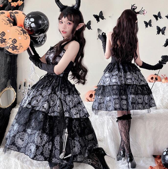 女性 ハロウィン コスプレ衣装 ゴスロリ 暗黒風 ゴシック ロリータ服 膝丈 キャミソール Halloween パーティー衣装 コスチューム 魔女 髑髏 悪魔 ゴースト 鬼嫁 変身仮装 a-s-k-10005538 a・s・k store サンプル画像3