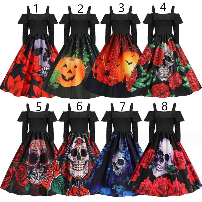 ハロウィンドレス 長袖 ボートネック カボチャ 蝙蝠 髑髏柄 レディース ハロウィン コスプレ衣装 膝丈 大きい裾ワンピース フレアドレス Halloween dress 悪魔 魔女 変身仮装 こすぷれ 演出服