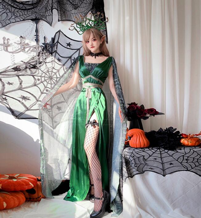 レディース ハロウィン コスプレ衣装 女性 悪魔 変身仮装 蛇首元素 蛇 妖精 吸血鬼 Halloween こすぷれ ロングマント ハロウィンドレス マキシ丈 学園祭 文化祭 イベント 仮装 グリーン 3点セット ドレス＋ベルト＋髪飾り a-s-k-10006797 a・s・k store サンプル画像2