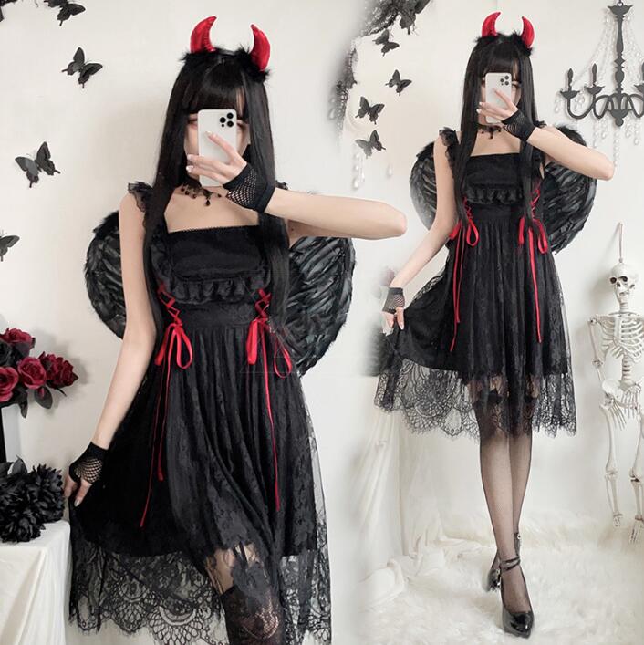 ハロウィン コスプレ 仮装 暗黒風 レースドレス ゴスロリ 大人 魔女 悪魔 吸血鬼 妖精 変身仮装 Halloween こすぷれ 学園祭 文化祭 イベント ドレス＋翼