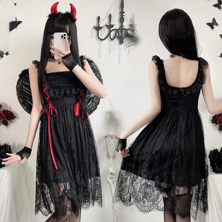 ハロウィン コスプレ 仮装 暗黒風 レースドレス ゴスロリ 大人 魔女 悪魔 吸血鬼 妖精 変身仮装 Halloween こすぷれ 学園祭 文化祭 イベント ドレス＋翼