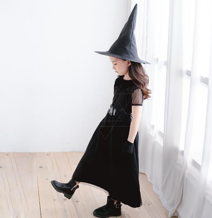 子供 ハロウィン コスプレ 魔女 仮装 暗黒風 ロングドレス 女の子 悪魔 吸血鬼 妖精 変身仮装 Halloween こすぷれ 学園祭 文化祭 イベント ドレス＋帽子＋グローブ＋ベルト
