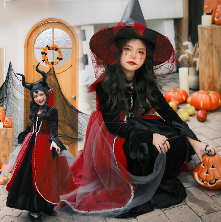女の子 ハロウィン コスプレ衣装 女の子 吸血鬼 魔女 悪魔 仮装 暗黒風 ロング丈ドレス 変身仮装 Halloween こすぷれ 学園祭 文化祭 イベント ドレス+帽子