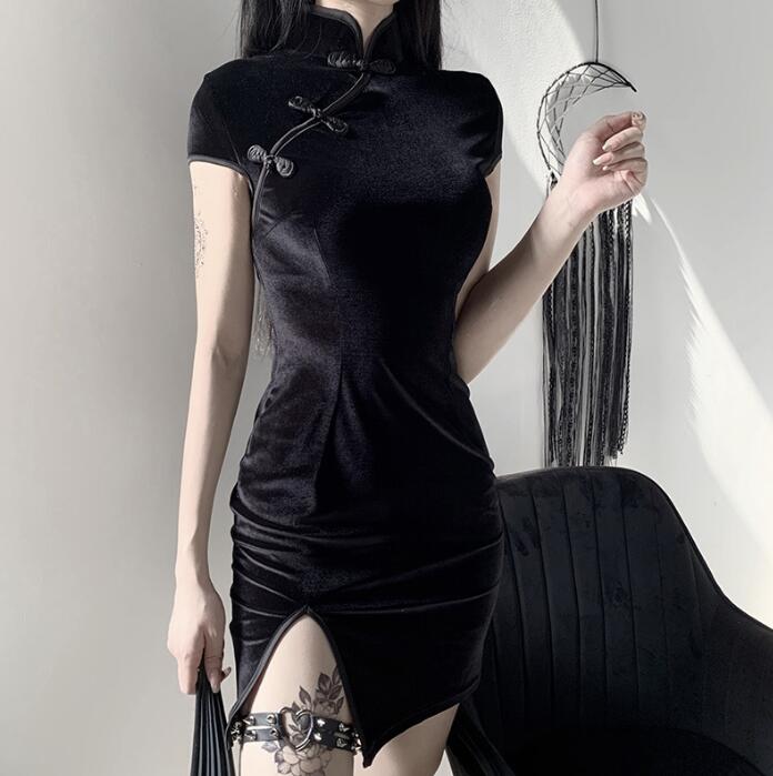 チャイナドレス ショート丈 暗黒風 ドレス レディース ハロウィン コスプレ 仮装 半袖チャイナドレス スリット入り ゴシック 暗黒 コスチューム 細身 タイト...