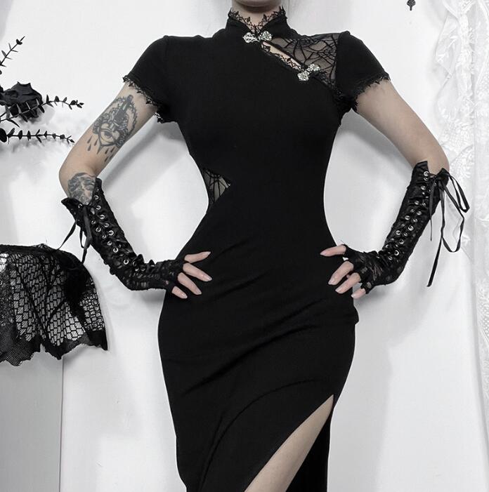 レディース ハロウィン コスプレ 仮装 チャイナドレス ロング丈 暗黒風 ドレス チャイナドレス スリット入り ゴシック 暗黒 コスチューム レース シースルー...