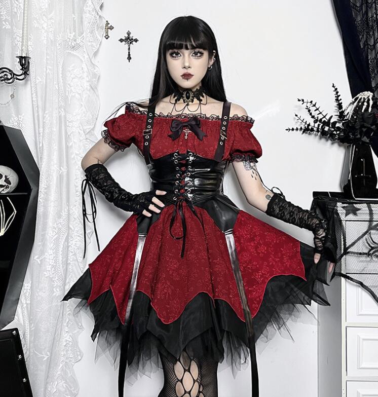 ハロウィン コスプレ衣装 ハロウィンワンピース 女性 大人 ゴシック 暗黒風ワンピース ボートネックドレス PUベスト レディース 変身仮装 ハロウィン イベン...