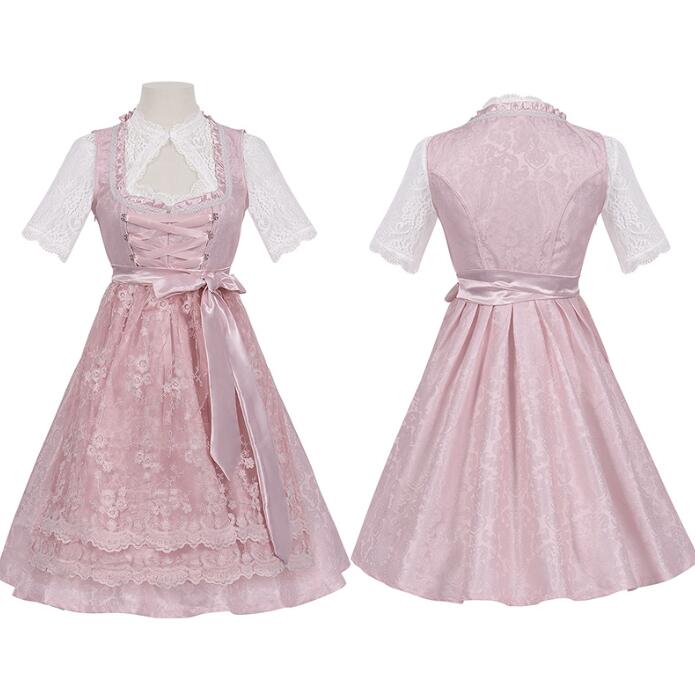 レディース ハロウィン コスプレ衣装 ロリータワンピース 3点セット ドイツ風 ヒール祭り メイド服 ウェイター ジャカード花柄 レースエプロン メイド服 女性...