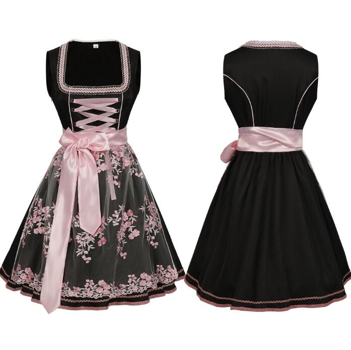 レディース ハロウィン コスプレ衣装 ロリータワンピース 2点セット ドイツ風 ヒール祭り メイド服 ウェイター ジャカード花柄 レースエプロン メイド服 女性...