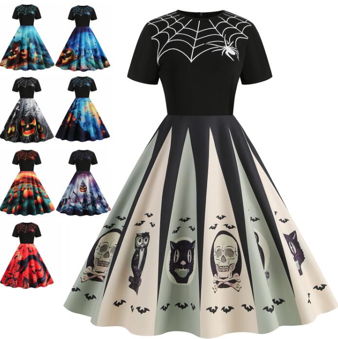 半袖 ハロウィンドレス ハロウィン コスプレ 大人 大きい裾 レトロワンピース カボチャ柄 髑髏柄 幽霊柄 蝙蝠柄 ハロウィンドレス 膝丈 長袖ドレス レディー...