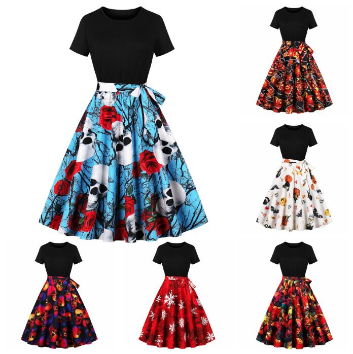 ハロウィンドレス ハロウィン コスプレ 衣装 女性 大きい裾 レトロワンピース 半袖 膝丈 ハロウィン元素 カボチャ柄 髑髏柄 幽霊柄 ハロウィンドレス レディ...