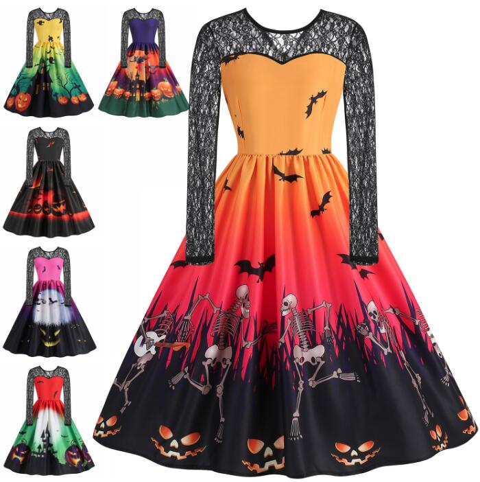 ハロウィンドレス レース 長袖 大人 ハロウィン コスプレ 衣装 女性 大きい裾 ハロウィン元素 レトロワンピース 膝丈 カボチャ柄 髑髏柄 幽霊柄 ハロウィン...