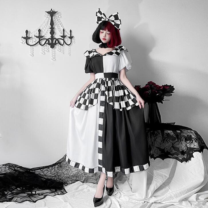 レディース ハロウィン コスプレ衣装 ピエロ 変身仮装 ロング丈ドレス 黒白チェック柄 ピエロ 衣装 大きいリボン付き 女性 Halloween コスプレ 舞台...