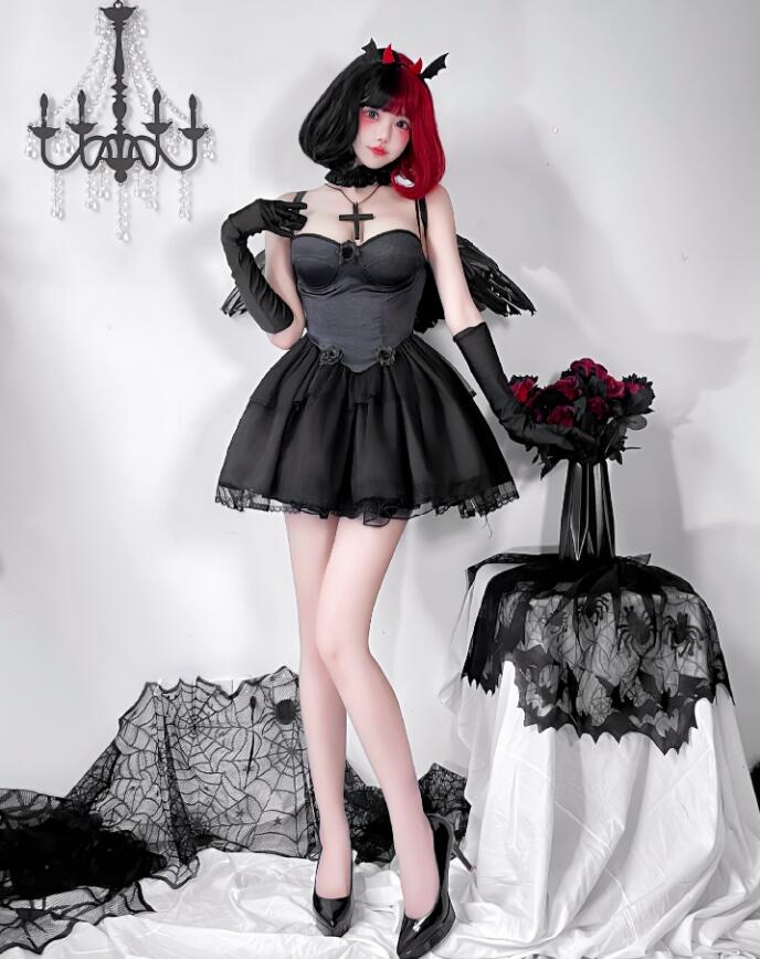 レディース ハロウィン コスプレ衣装 セクシー キャミソールドレス 翼付き ゴシック 暗黒風 ワンピース 天使 魔女 悪魔 吸血鬼 変身仮装 女性 ハロウィン 変身仮装 黒 白 a-s-k-10012594 a・s・k store パッケージ画像