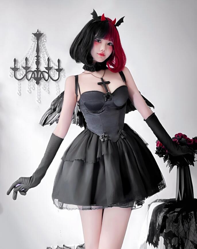 レディース ハロウィン コスプレ衣装 セクシー キャミソールドレス 翼付き ゴシック 暗黒風 ワンピース 天使 魔女 悪魔 吸血鬼 変身仮装 女性 ハロウィン 変身仮装 黒 白 a-s-k-10012594 a・s・k store サンプル画像2