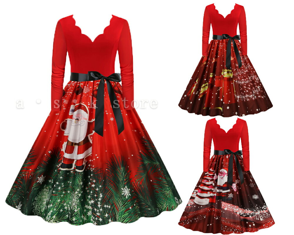 クリスマスワンピース レディースダンス衣装 フレア クリスマスワンピース レトロドレス クリスマス コスプレ 膝丈 長袖ドレス Vネック パーティードレス 女性 お揃い 演出服 雪だるま サンタ 細身 赤
