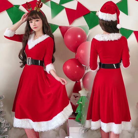 クリスマスドレス 女性 クリスマスコスプレ 衣装 サンタコス 半袖 フレアドレス ベルト付き コスプレ衣装 クリスマス コスチューム Merry Christmas♪ 3点セット