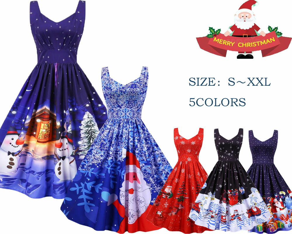 レディースクリスマスワンピース クリスマスドレス 大きい裾ワンピ 膝丈 Vネックドレス ロング丈ドレス クリスマスパーティードレス ノースリーブドレス サンタ ...