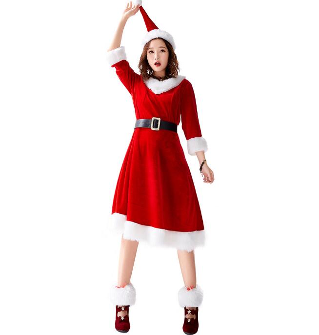 楽天a・s・k store長袖クリスマスドレス 膝丈 レディースクリスマス衣装 コスプレ サンタ コスチューム クリスマスドレス ふわふわ ボアドレス 帽子付き 4点セット（051）