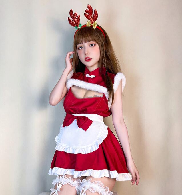 メイド風 クリスマス コスプレ衣装 3点セット 女性 クリスマスコスプレ 衣装 レディース サンタコス ドレス＋エプロン＋赤髪飾り クリスマスパーティー コスチューム イベント 変身仮装