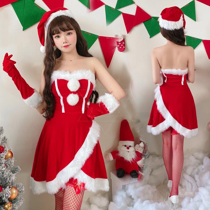 クリスマス コスプレ衣装 ベアトップ クリスマスドレス レディース サンタコス ドレス+グローブ+帽子 クリスマスパーティー セクシー コスチューム イベント ...