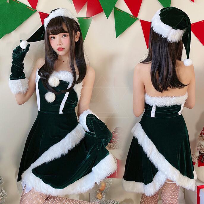 クリスマス コスプレ衣装 ベアトップ 緑 クリスマスドレス レディース サンタコス ドレス+グローブ+帽子 クリスマスパーティー セクシー コスチューム イベン...